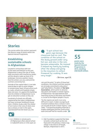 SPECIAL INTEREST 69
Stories
The stories within this section represent
the diverse range of grants within the
Special Interest Programme.
Establishing
sustainable schools
in Afghanistan
Located in central Asia with Iran
to the west and Pakistan to the east,
Afghanistan is about the size of Texas.
High mountains with treacherous peaks
and dry deserts make up most of its
landscape. Extreme weather means
that the winters are very cold and the
summers extremely hot.
Outside of the capital Kabul, it can take
several days to get to some villages.
In remote areas, basic infrastructure such
as roads, schools and hospitals simply
does not exist. It is against this backdrop
that the children of Afghanistan try to
get an education as best as they can.
Hundreds of schools are officially
registered by the state in Afghanistan
but have no proper building to house
them. Children study under the shelter
of torn tents in the ruins of what once
was a school, or even in the open,
unprotected from the harsh sun, the
rain and the wind. “In spite of these bad
conditions, the children and their parents
are strongly committed to education,”
said Taiba Rahim, President of Nai Qala
Association, which works to advance
education and health in remote regions
of Afghanistan. Nai Qala believes that
improving access to education and health
is crucial to the Afghan people’s future.
“As the regions we work in are very
difficult to reach, it takes courage by all
involved to believe that a school or clinic
can actually be built in these regions,” said
Taiba. “Transporting building materials is
hugely challenging and the construction
team and staff live for months under
Find out more at
www.oakfnd.org/specialInterest
55
grants were
made by the
Special Interest
Programme in
2015, totalling
USD 66.89 million.
2 3
“I quit school two
years ago because the
classroom had no roof. The
condition of the school on
the dusty ground under very
hot sun, and also in the rain,
became unbearable. So instead
I helped my family by looking
after the sheep and going
to the mountain to collect
firewood for cooking. It was
very tough.”
- Shirinne, aged 15
©TaibaRahim/NaiQalaAssociation
©TaibaRahim/NaiQalaAssociation
1.	& 2. Children in remote parts
of Afghanistan often attend school
in makeshift tents or in the open air.
3 . Oak Foundation supported Nai Qala
	 to build a school (such as the one
	 featured in this photo), in Zeera Gag 	
	 village in the district of Panjab, 		
	 Bamyan, Afghanistan in 2015.
 