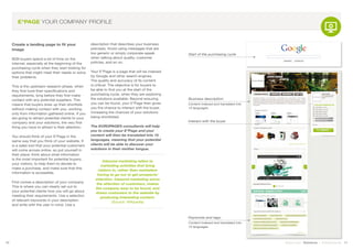 Create a landing page to fit your
image
B2B buyers spend a lot of time on the
internet, especially at the beginning of the
purchasing cycle when they start looking for
options that might meet their needs or solve
their problems.
This is the upstream research phase, when
they fine-tune their specifications and
requirements, long before they first make
contact with any potential suppliers. This
means that buyers draw up their shortlists
without making contact with you, working
only from information gathered online. If you
are going to attract potential clients to your
company and your solutions, the very first
thing you have to attract is their attention.
You should think of your E*Page in the
same way that you think of your website. It
is a sales tool that your potential customers
will come across online, so put yourself in
their place: think about what information
is the most important for potential buyers,
your visitors, to help them to decide to
make a purchase, and make sure that this
information is accessible.
First comes a description of your company.
This is where you can clearly set out to
your potential clients how you will go about
meeting their requirements. Use a selection
of relevant keywords in your description
and write with the user in mind. Use a
description that describes your business
precisely. Avoid using messages that are
too generic or simply corporate-speak
when talking about quality, customer
policies, and so on.
Your E*Page is a page that will be indexed
by Google and other search engines.
The quality and accuracy of its content
is critical. The objective is for buyers to
be able to find you at the start of the
purchasing cycle, when they are exploring
the solutions available. Beyond ensuring
you can be found, your E*Page then gives
you the chance to interact with the buyer,
increasing the chances of your solutions
being shortlisted.
The EUROPAGES consultants will help
you to create your E*Page and your
content will then be translated into 15
languages, meaning that your potential
clients will be able to discover your
solutions in their mother tongue.
Inbound marketing refers to
marketing activities that bring
visitors in, rather than marketers
having to go out to get prospects’
attention. Inbound marketing earns
the attention of customers, makes
the company easy to be found, and
draws customers to the website by
producing interesting content.
(Source: Wikipedia)
10 11Stand out | Solutions | Performance
E*PAGE YOUR COMPANY PROFILE
Start of the purchasing cycle
Business description:
Content indexed and translated into
15 languages
Keywords and tags:
Content indexed and translated into
15 languages
Interact with the buyer
 