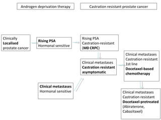 Clinically Localised  prostate cancer Rising PSA Hormonal sensitive Clinical metastases Hormonal sensitive Clinical metastases Castration resistant asymptomatic Clinical metastases Castration resistant Docetaxel-pretreated (Abiraterone,  Cabazitaxel) Clinical metastases Castration resistant 1st line Docetaxel-based  chemotherapy Androgen deprivation therapy Castration resistant prostate cancer Rising PSA Castration-resistant ( M0 CRPC ) 