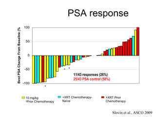 PSA response 11/43 responses (26%) 25/43 PSA control (58%) Slovin et al., ASCO 2009 10 mg/kg a Prior Chemotherapy +XRT Chemotherapy- Na ï ve +XRT Prior  Chemotherapy a a a a 