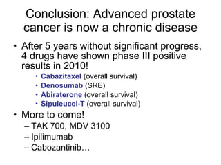Conclusion: Advanced prostate cancer is now a chronic disease After 5 years without significant progress, 4 drugs have shown phase III positive results in 2010! Cabazitaxel  (overall survival) Denosumab   (SRE) Abiraterone  (overall survival) Sipuleucel-T  (overall survival) More to come! TAK 700, MDV 3100 Ipilimumab Cabozantinib… 