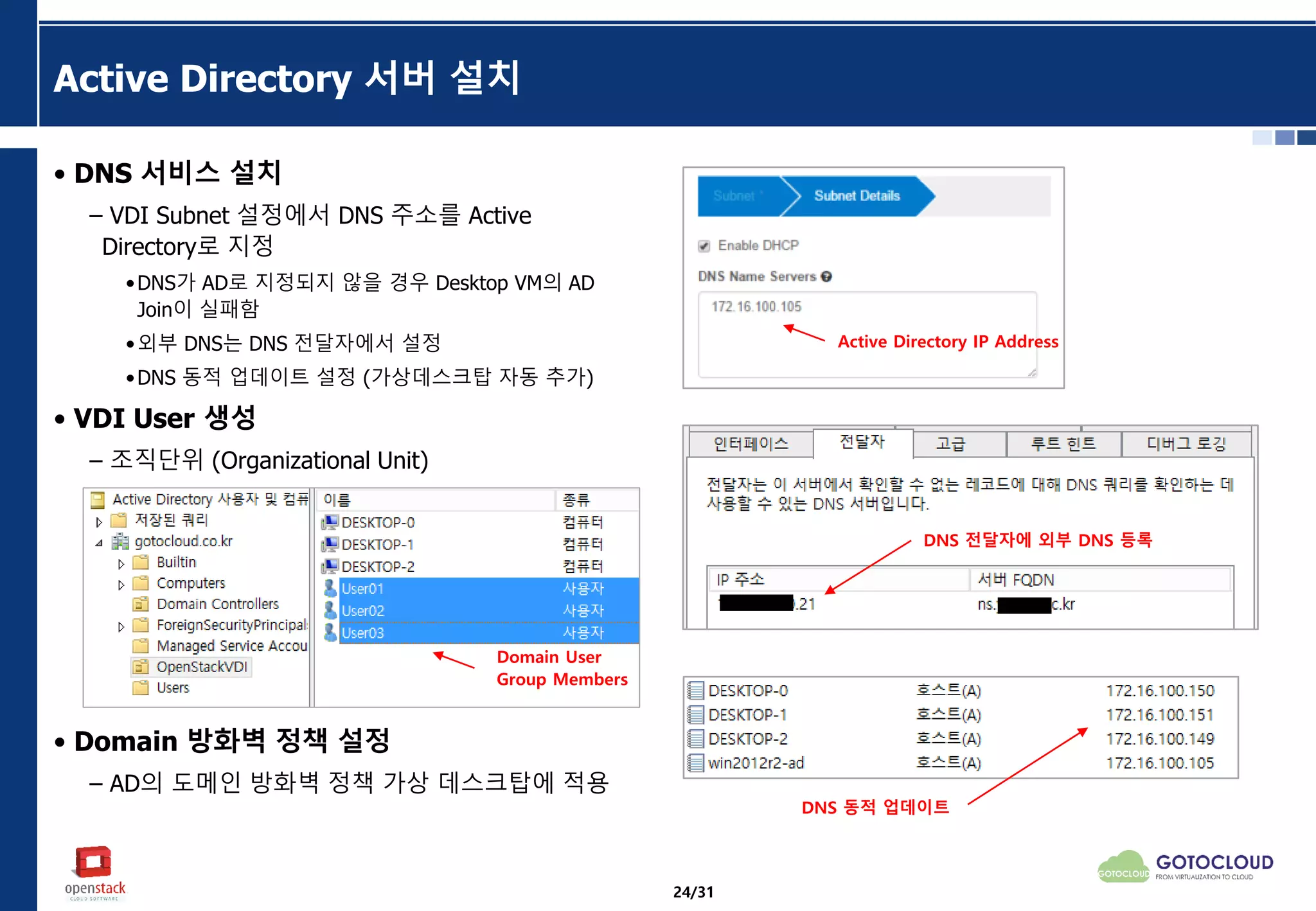 Active Directory 서버 설치
• DNS 서비스 설치
– VDI Subnet 설정에서 DNS 주소를 Active
Directory로 지정
•DNS가 AD로 지정되지 않을 경우 Desktop VM의 AD
Join이 실패함
•외부 DNS는 DNS 전달자에서 설정
•DNS 동적 업데이트 설정 (가상데스크탑 자동 추가)
• VDI User 생성
– 조직단위 (Organizational Unit)
• Domain 방화벽 정책 설정
– AD의 도메인 방화벽 정책 가상 데스크탑에 적용
Active Directory IP Address
Domain User
Group Members
DNS 전달자에 외부 DNS 등록
DNS 동적 업데이트
24/31
 