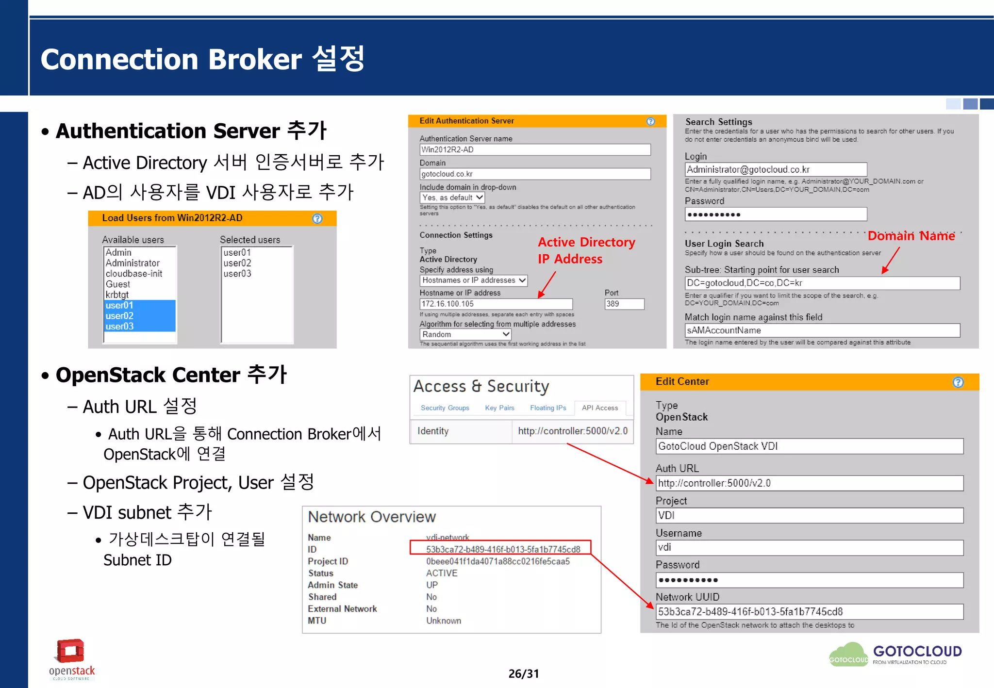 Connection Broker 설정
• Authentication Server 추가
– Active Directory 서버 인증서버로 추가
– AD의 사용자를 VDI 사용자로 추가
• OpenStack Center 추가
– Auth URL 설정
• Auth URL을 통해 Connection Broker에서
OpenStack에 연결
– OpenStack Project, User 설정
– VDI subnet 추가
• 가상데스크탑이 연결될
Subnet ID
Active Directory
IP Address
Domain Name
26/31
 