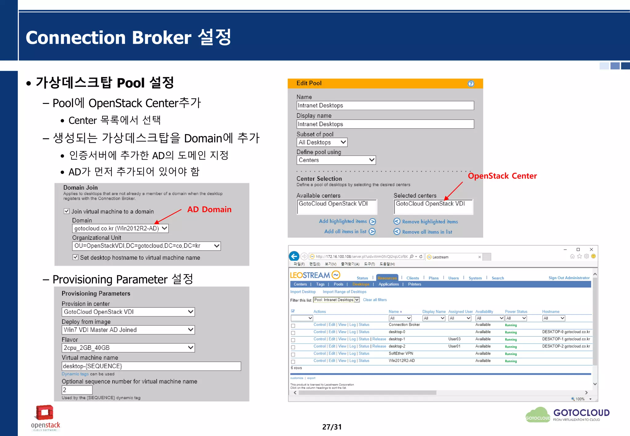 Connection Broker 설정
• 가상데스크탑 Pool 설정
– Pool에 OpenStack Center추가
• Center 목록에서 선택
– 생성되는 가상데스크탑을 Domain에 추가
• 인증서버에 추가한 AD의 도메인 지정
• AD가 먼저 추가되어 있어야 함
– Provisioning Parameter 설정
OpenStack Center
AD Domain
27/31
 