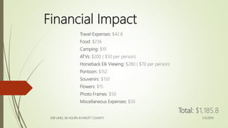 Financial Impact
Travel Expenses: $42.8
Food: $236
Camping: $10
ATVs: $200 ( $50 per person)
Horseback Elk Viewing: $280 ( $70 per person)
Pontoon: $152
Souvenirs: $150
Flowers: $15
Photo Frames: $50
Miscellaneous Expenses: $50
Total: $1,185.8
7/5/2014
JOB LIMO, 36 HOURS IN KNOTT COUNTY
 