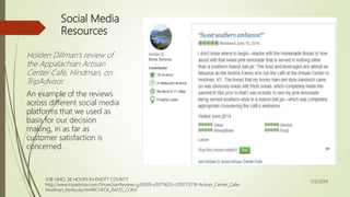 Social Media
Resources
Holden Dillman’s review of
the Appalachian Artisan
Center Café, Hindman, on
TripAdvisor.
An example of the reviews
across different social media
platforms that we used as
basis for our decision
making, in as far as
customer satisfaction is
concerned.
7/5/2014
JOB LIMO, 36 HOURS IN KNOTT COUNTY
http://www.tripadvisor.com/ShowUserReviews-g39509-d3379625-r209775718-Artisan_Center_Cafe-
Hindman_Kentucky.html#CHECK_RATES_CONT
 