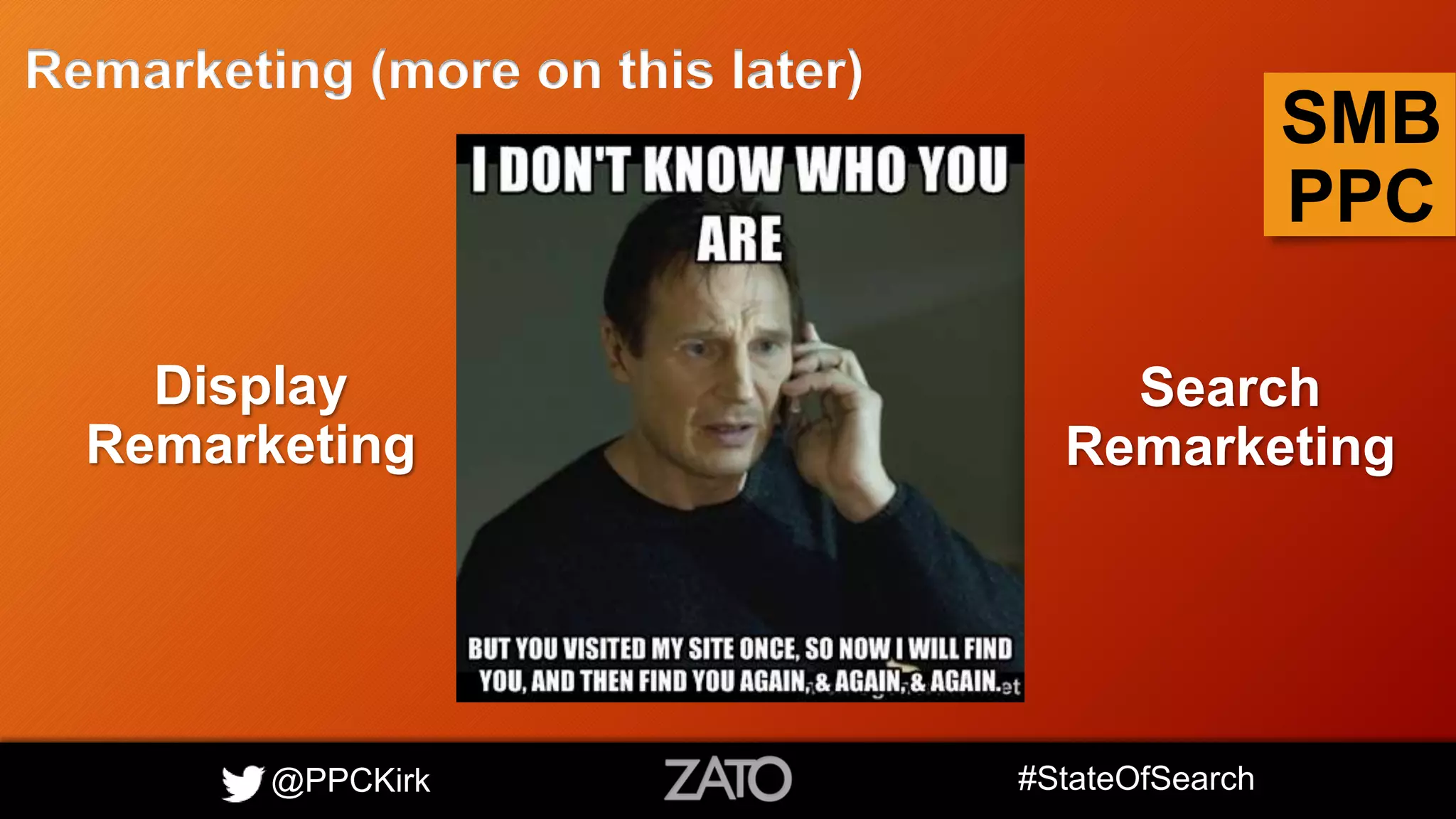 @PPCKirk #StateOfSearch
SMB
PPC
Remarketing (more on this later)
Display
Remarketing
Search
Remarketing
 