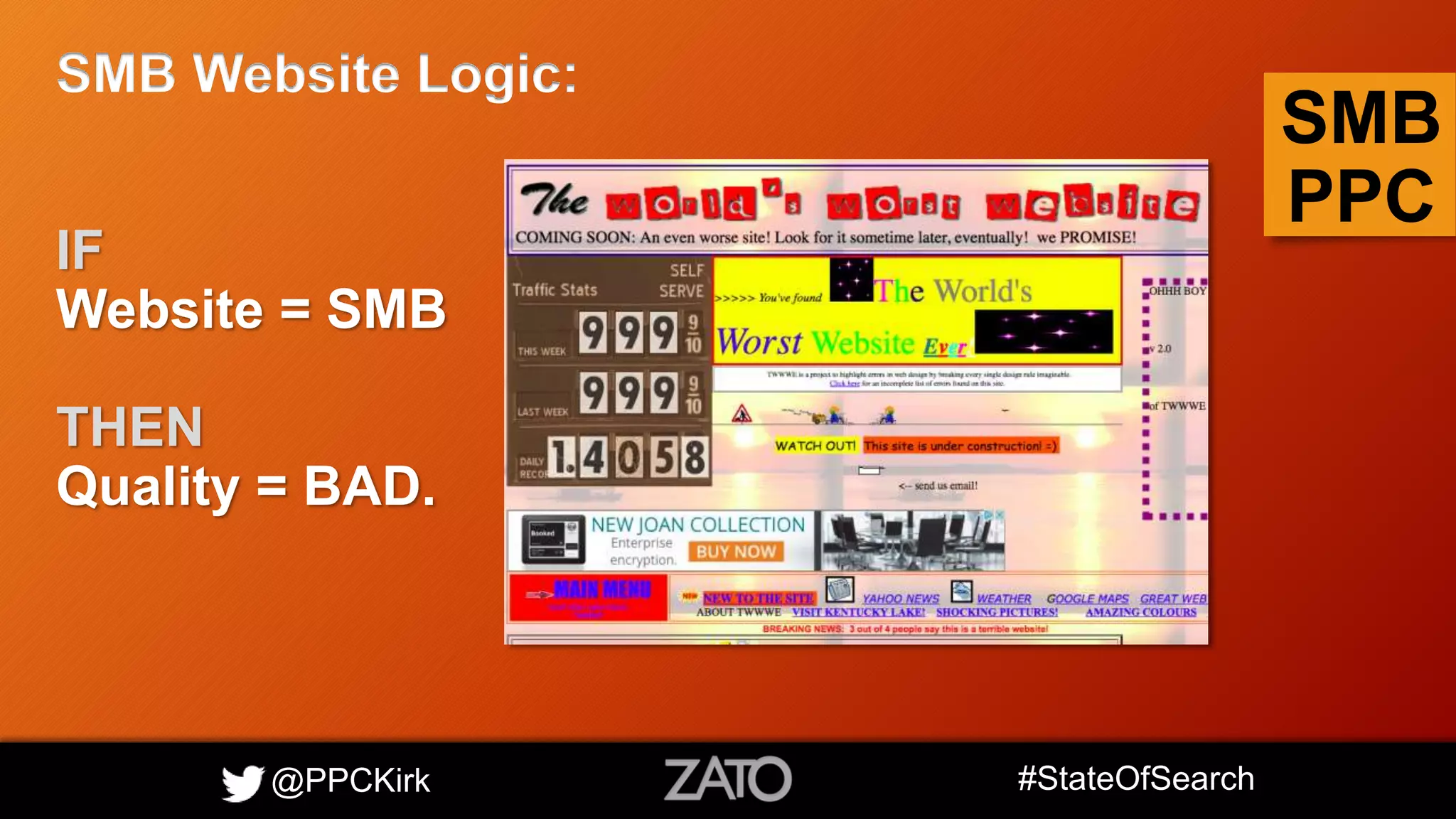 @PPCKirk #StateOfSearch
SMB
PPC
SMB Website Logic:
IF
Website = SMB
THEN
Quality = BAD.
 