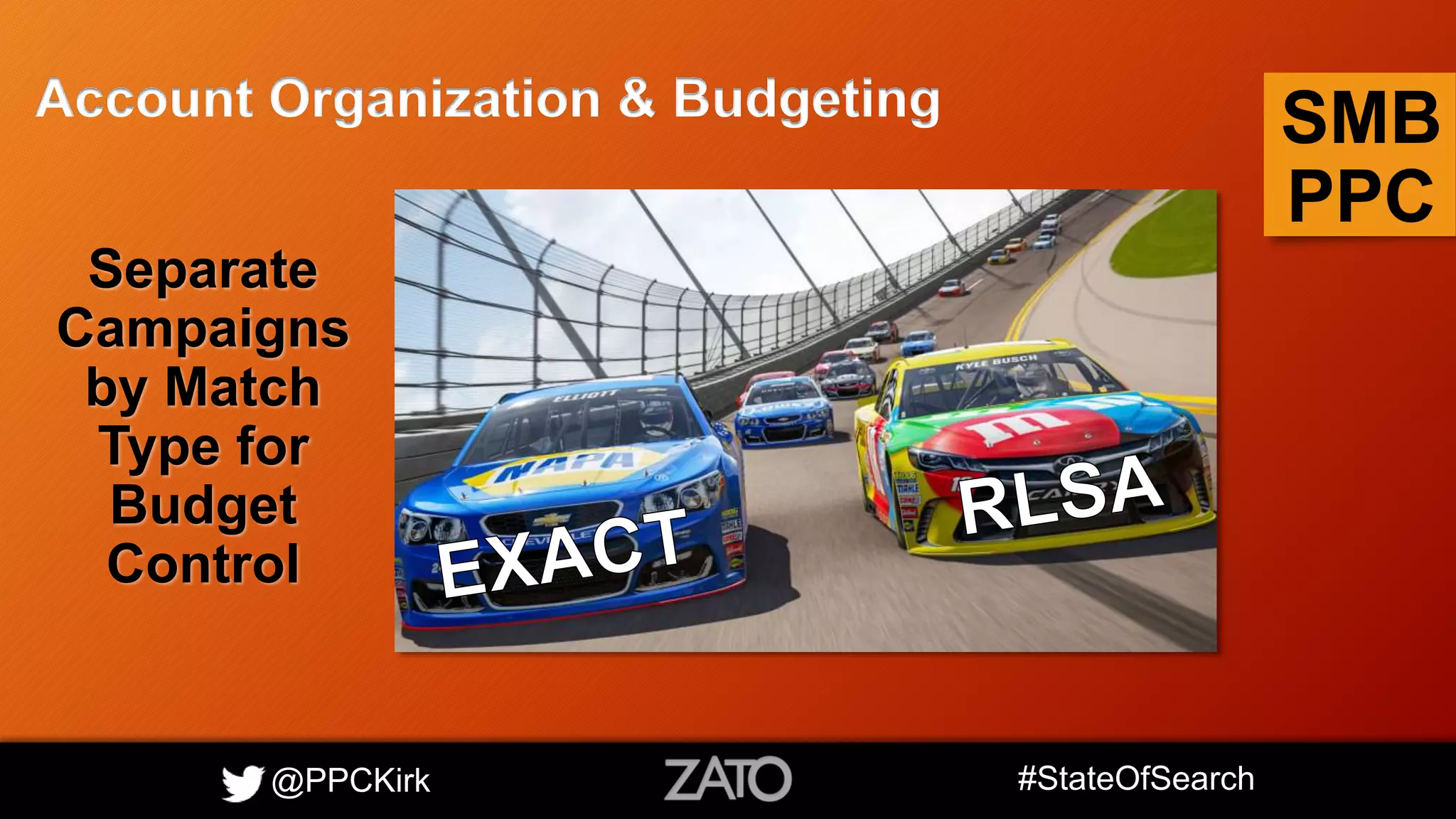 @PPCKirk #StateOfSearch
SMB
PPC
Account Organization & Budgeting
Separate
Campaigns
by Match
Type for
Budget
Control
 
