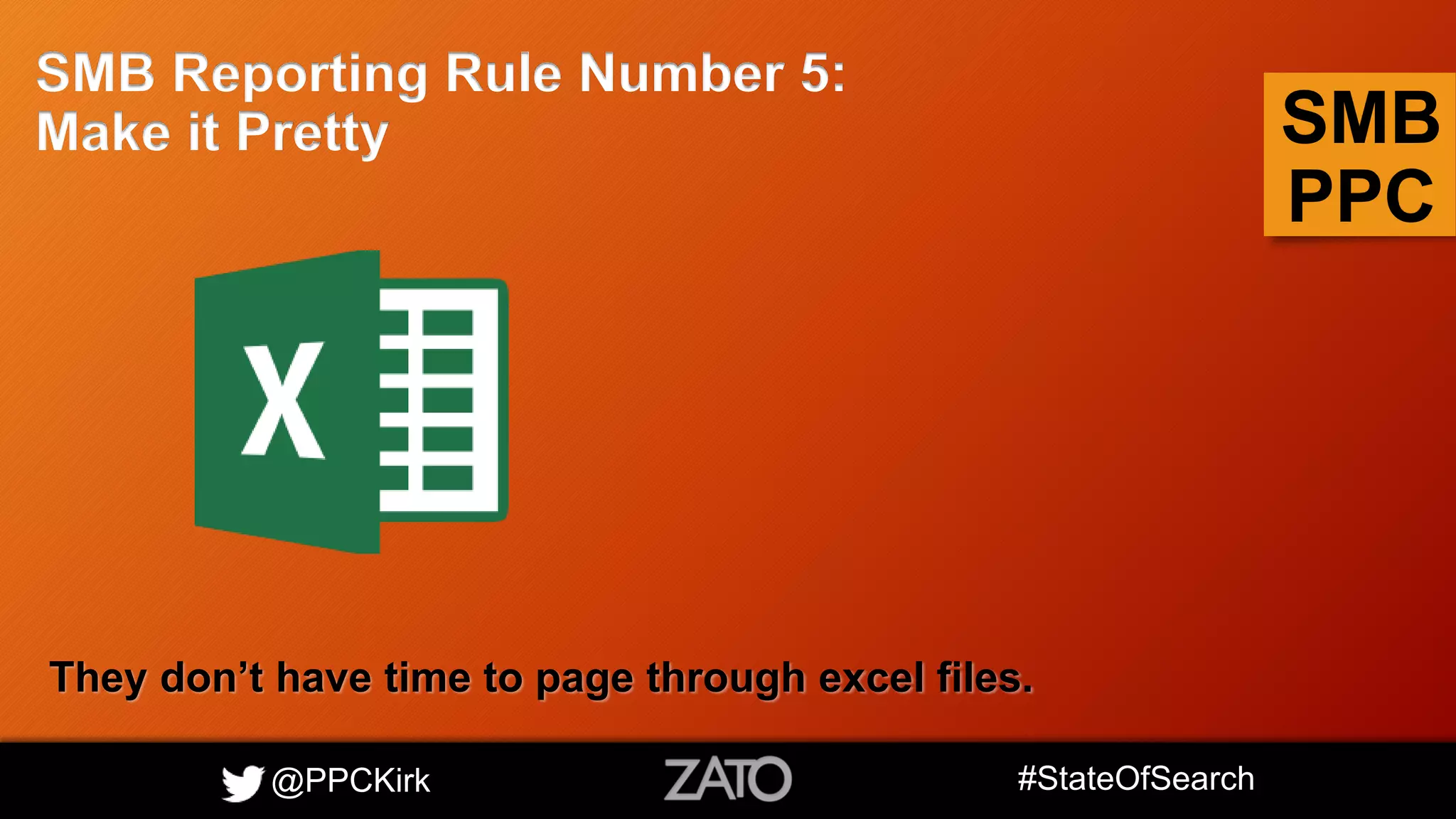 @PPCKirk #StateOfSearch
SMB
PPC
SMB Reporting Rule Number 5:
Make it Pretty
They don’t have time to page through excel files.
 