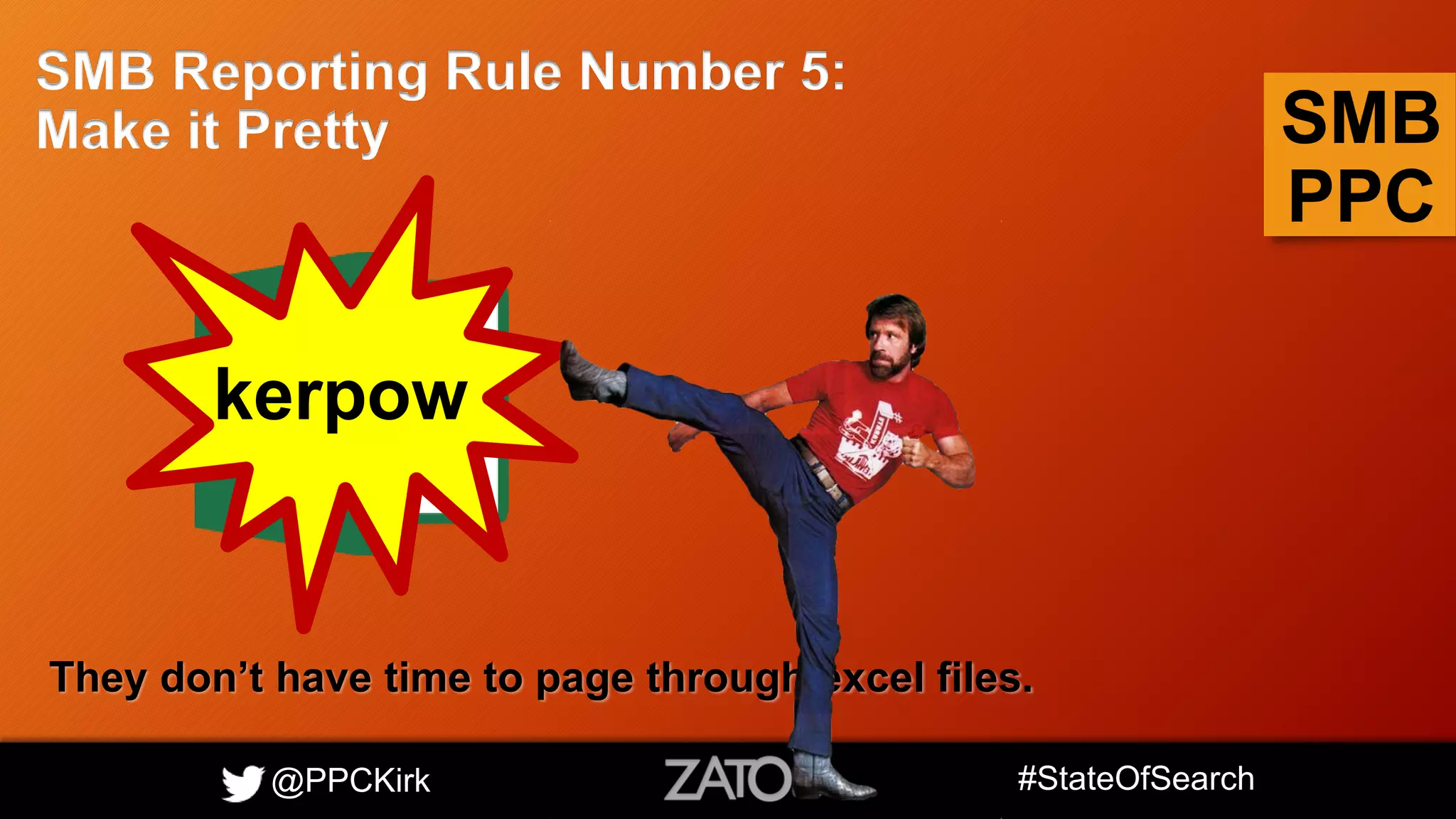 @PPCKirk #StateOfSearch
SMB
PPC
SMB Reporting Rule Number 5:
Make it Pretty
They don’t have time to page through excel files.
kerpow
 