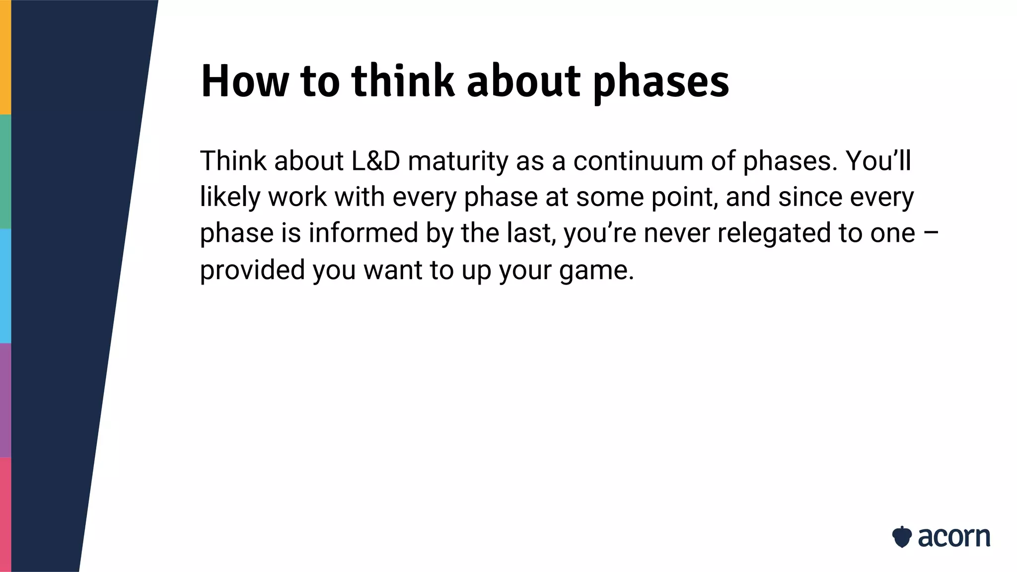 How to think about phases
Think about L&D maturity as a continuum of phases. You’ll
likely work with every phase at some point, and since every
phase is informed by the last, you’re never relegated to one –
provided you want to up your game.
 