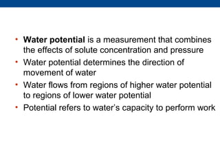 • Water potential is a measurement that combines
  the effects of solute concentration and pressure
• Water potential determines the direction of
  movement of water
• Water flows from regions of higher water potential
  to regions of lower water potential
• Potential refers to water’s capacity to perform work
 