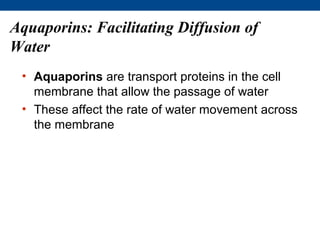 Aquaporins: Facilitating Diffusion of
Water
 • Aquaporins are transport proteins in the cell
   membrane that allow the passage of water
 • These affect the rate of water movement across
   the membrane
 