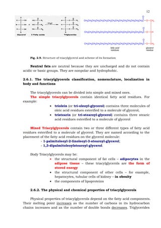 12
CH2
CH
CH2
O
O
O
glycerol
residue
C
O
CH2CH2CH2CH2CH2CH2CH2CH2CH2CH2CH2CH2CH2CH2CH3
C
O
CH2CH2CH2CH2CH2CH2CH2CH2CH2CH2CH2CH2CH2CH2CH3
C
O
CH2CH2CH2CH2CH2CH2CH2CH2CH2CH2CH2CH2CH2CH2CH3
fatty acid
residues
Fig. 2.9. Structure of triacylglycerol and scheme of its formation
Neutral fats are neutral because they are uncharged and do not contain
acidic or basic groups. They are nonpolar and hydrophobic.
2.6.1. The triacylglycerols classification, nomenclature, localization in
body and functions
The triacylglycerols can be divided into simple and mixed ones.
The simple triacylglycerols contain identical fatty acid residues. For
example:
• triolein (or tri-oleoyl-glycerol) contains three molecules of
oleic acid residues esterified to a molecule of glycerol,
• tristearin (or tri-stearoyl-glycerol) contains three stearic
acid residues esterified to a molecule of glycerol
Mixed Triacylglycerols contain two or three different types of fatty acid
residues esterified to a molecule of glycerol. They are named according to the
placement of the fatty acid residues on the glycerol molecule:
- 1-palmitoleoyl-2-linoleoyl-3-stearoyl-glycerol;
- 1,3-dipalmitoleoylstearoyl-glycerol.
Body Triacylglycerols may be:
• the structural component of fat cells – adipocytes in the
adipose tissue – these triacylglycerols are the form of
stored energy
• the structural component of other cells – for example,
hepatocytes, tubular cells of kidney – in obesity
• the components of lipoproteins
2.6.2. The physical and chemical properties of triacylglycerols
Physical properties of triacylglycerols depend on the fatty acid components.
Their melting point increases as the number of carbons in its hydrocarbon
chains increases and as the number of double bonds decreases. Triglycerides
 