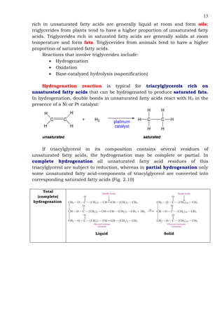 13
rich in unsaturated fatty acids are generally liquid at room and form oils;
triglycerides from plants tend to have a higher proportion of unsaturated fatty
acids. Triglycerides rich in saturated fatty acids are generally solids at room
temperature and form fats. Triglycerides from animals tend to have a higher
proportion of saturated fatty acids.
Reactions that involve triglycerides include:
• Hydrogenation
• Oxidation
• Base-catalyzed hydrolysis (saponification)
Hydrogenation reaction is typical for triacylglycerols rich on
unsaturated fatty acids that can be hydrogenated to produce saturated fats.
In hydrogenation, double bonds in unsaturated fatty acids react with H2 in the
presence of a Ni or Pt catalyst:
ssaattuurraatteedduunnssaattuurraatteedd
C C
H
H
H
H
H2 C
H
H
H
CH
H
H
+
platinum
catalyst
If triacylglycerol in its composition contains several residues of
unsaturated fatty acids, the hydrogenation may be complete or partial. In
complete hydrogenation all unsaturated fatty acid residues of this
triacylglycerol are subject to reduction, whereas in partial hydrogenation only
some unsaturated fatty acid-components of triacylglycerol are converted into
corresponding saturated fatty acids (Fig. 2.10)
Total
(complete)
hydrogenation
Liquid Solid
 