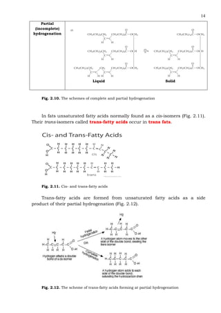 14
Partial
(incomplete)
hydrogenation
Liquid Solid
Fig. 2.10. The schemes of complete and partial hydrogenation
In fats unsaturated fatty acids normally found as a cis-isomers (Fig. 2.11).
Their trans-isomers called trans-fatty acids occur in trans fats.
Fig. 2.11. Cis- and trans-fatty acids
Trans-fatty acids are formed from unsaturated fatty acids as a side
product of their partial hydrogenation (Fig. 2.12).
Fig. 2.12. The scheme of trans-fatty acids forming at partial hydrogenation
 