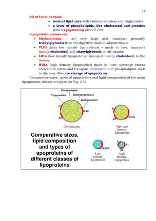 33
All of them contain:
• neutral lipid core with cholesterol esters and triglycerides
• a layer of phospholipids, free cholesterol and proteins
(called apoproteins) around core
Lipoprotein classes are:
• Chylomicrons – are very large and transport primarily
triacylglycerols from the digestive track to adipose tissue.
• VLDL (very low density lipoproteins) – made in liver; transport
mainly cholesterol and triacylglycerols to the tissues;
• LDLs (low density lipoproteins) transport mainly cholesterol to the
tissues.
• HDLs (high density lipoproteins) made in liver; scavenge excess
cholesterol esters and transport cholesterol and phospholipids back
to the liver. Also are storage of apoproteins.
Comparative sizes, types of apoproteins and lipid composition of the main
lipoproteins classes are given on Fig. 2.41
Comparative sizes,
lipid composition
and types of
apoproteins of
different classes of
lipoproteins
 