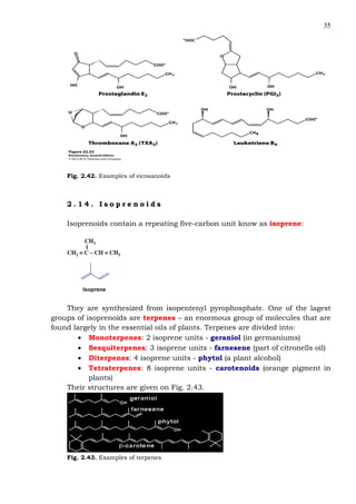 35
Fig. 2.42. Examples of eicosanoids
2 . 1 4 . I s o p r e n o i d s
Isoprenoids contain a repeating five-carbon unit know as isoprene:
They are synthesized from isopentenyl pyrophosphate. One of the lagest
groups of isoprenoids are terpenes – an enormous group of molecules that are
found largely in the essential oils of plants. Terpenes are divided into:
• Monoterpenes: 2 isoprene units - geraniol (in germaniums)
• Sesquiterpenes: 3 isoprene units - farnesene (part of citronells oil)
• Diterpenes: 4 isoprene units - phytol (a plant alcohol)
• Tetraterpenes: 8 isoprene units - carotenoids (orange pigment in
plants)
Their structures are given on Fig. 2.43.
Fig. 2.43. Examples of terpenes
 