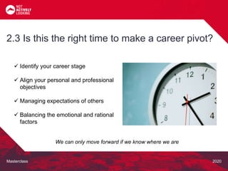 Masterclass 2020
 Identify your career stage
 Align your personal and professional
objectives
 Managing expectations of others
 Balancing the emotional and rational
factors
2.3 Is this the right time to make a career pivot?
We can only move forward if we know where we are
 