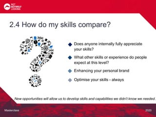 Masterclass 2020
2.4 How do my skills compare?
New opportunities will allow us to develop skills and capabilities we didn’t know we needed.
Does anyone internally fully appreciate
your skills?
What other skills or experience do people
expect at this level?
Enhancing your personal brand
Optimise your skills - always
 