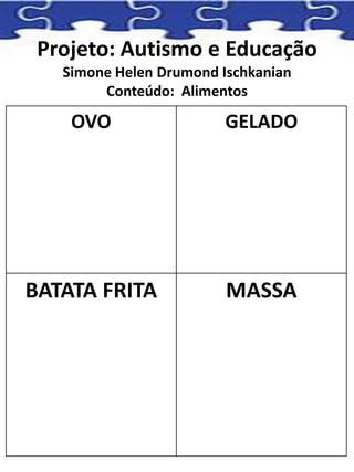 Projeto: Autismo e Educação
Simone Helen Drumond Ischkanian
Conteúdo: Alimentos
OVO GELADO
BATATA FRITA MASSA
 