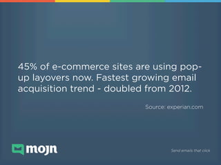 45% of e-commerce sites are using popup layovers now. Fastest growing email
acquisition trend - doubled from 2012.!
Source...
