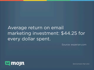 Average return on email
marketing investment: $44.25 for
every dollar spent.!
Source: experian.com
!

!

Send emails that ...
