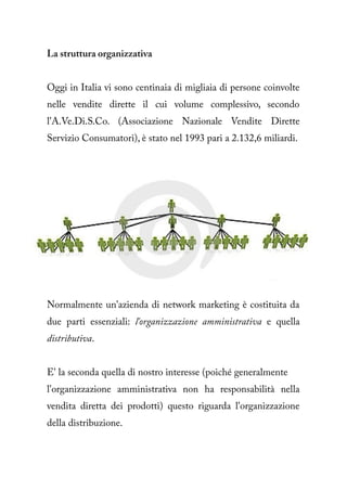 La struttura organizzativa


Oggi in Italia vi sono centinaia di migliaia di persone coinvolte
nelle vendite dirette il cui volume complessivo, secondo
l'A.Ve.Di.S.Co. (Associazione Nazionale Vendite Dirette
Servizio Consumatori), è stato nel 1993 pari a 2.132,6 miliardi.




Normalmente un'azienda di network marketing è costituita da
due parti essenziali: l'organizzazione amministrativa e quella
distributiva.


E' la seconda quella di nostro interesse (poiché generalmente
l'organizzazione amministrativa non ha responsabilità nella
vendita diretta dei prodotti) questo riguarda l'organizzazione
della distribuzione.
 
