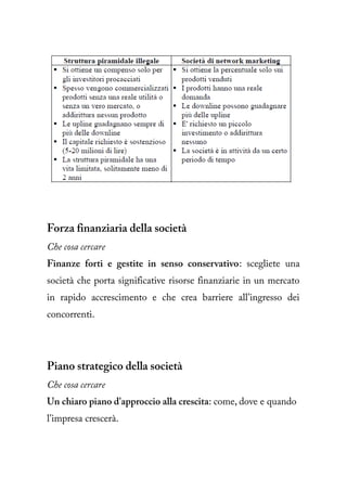 Forza finanziaria della società
Che cosa cercare
Finanze forti e gestite in senso conservativo: scegliete una
società che porta significative risorse finanziarie in un mercato
in rapido accrescimento e che crea barriere all'ingresso dei
concorrenti.




Piano strategico della società
Che cosa cercare
Un chiaro piano d'approccio alla crescita: come, dove e quando
l'impresa crescerà.
 