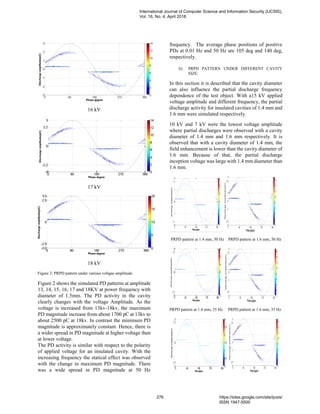 16 kV
17 kV
18 kV
Figure 2: PRPD pattern under various voltgae amplitude.
Figure 2 shows the simulated PD patterns at amplitude
13, 14, 15, 16, 17 and 18KV at power frequency with
diameter of 1.5mm. The PD activity in the cavity
clearly changes with the voltage Amplitude. As the
voltage is increased from 13kv-18kv, the maximum
PD magnitude increase from about 1700 pC at 13kv to
about 2500 pC at 18kv. In contrast the minimum PD
magnitude is approximately constant. Hence, there is
a wider spread in PD magnitude at higher voltage than
at lower voltage.
The PD activity is similar with respect to the polarity
of applied voltage for an insulated cavity. With the
increasing frequency the statical effect was observed
with the change in maximum PD magnitude. There
was a wide spread in PD magnitude at 50 Hz
frequency. The average phase positions of positive
PDs at 0.01 Hz and 50 Hz are 105 deg and 140 deg,
respectively.
b) PRPD PATTERN UNDER DIFFERENT CAVITY
SIZE:
In this section it is described that the cavity diameter
can also influence the partial discharge frequency
dependence of the test object. With a15 kV applied
voltage amplitude and different frequency, the partial
discharge activity for insulated cavities of 1.4 mm and
1.6 mm were simulated respectively.
10 kV and 7 kV were the lowest voltage amplitude
where partial discharges were observed with a cavity
diameter of 1.4 mm and 1.6 mm respectively. It is
observed that with a cavity diameter of 1.4 mm, the
field enhancement is lower than the cavity diameter of
1.6 mm. Because of that, the partial discharge
inception voltage was large with 1.4 mm diameter than
1.6 mm.
PRPD pattern at 1.4 mm, 50 Hz PRPD pattern at 1.6 mm, 50 Hz
PRPD pattern at 1.4 mm, 35 Hz PRPD pattern at 1.6 mm, 35 Hz
International Journal of Computer Science and Information Security (IJCSIS),
Vol. 16, No. 4, April 2018
276 https://sites.google.com/site/ijcsis/
ISSN 1947-5500
 