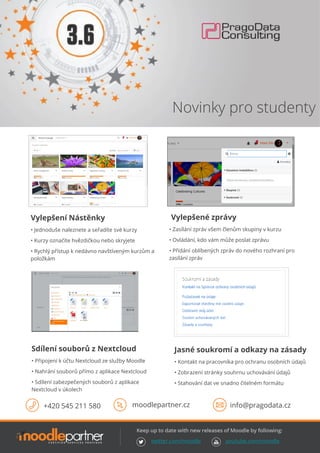 twitter.com/moodle youtube.com/moodle
Jasné soukromí a odkazy na zásady
• Kontakt na pracovníka pro ochranu osobních údajů
• Zobrazení stránky souhrnu uchovávání údajů
• Stahování dat ve snadno čitelném formátu
Sdílení souborů z Nextcloud
• Připojení k účtu Nextcloud ze služby Moodle
• Nahrání souborů přímo z aplikace Nextcloud
• Sdílení zabezpečených souborů z aplikace
Nextcloud v úkolech
+420 545 211 580 moodlepartner.cz info@pragodata.cz
Novinky pro studenty
Vylepšení Nástěnky
• Jednoduše naleznete a seřadíte své kurzy
• Kurzy označíte hvězdičkou nebo skryjete
• Rychlý přístup k nedávno navštíveným kurzům a
položkám
Vylepšené zprávy
• Zasílání zpráv všem členům skupiny v kurzu
• Ovládání, kdo vám může poslat zprávu
• Přidání oblíbených zpráv do nového rozhraní pro
zasílání zpráv
 