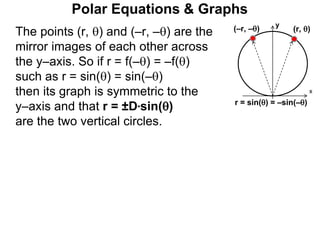 Polar Equations & Graphs
x
(r, )
r = sin() = –sin(–)
(–r, –)
y
The points (r, ) and (–r, –) are the
mirror images of each other across
the y–axis. So if r = f(–) = –f()
such as r = sin() = sin(–)
then its graph is symmetric to the
y–axis and that r = ±D*sin()
are the two vertical circles.
 