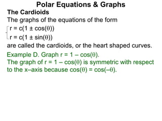 Polar Equations & Graphs
The Cardioids
r = c(1 ± cos())
r = c(1 ± sin())
The graphs of the equations of the form
are called the cardioids, or the heart shaped curves.
Example D. Graph r = 1 – cos().
The graph of r = 1 – cos() is symmetric with respect
to the x–axis because cos() = cos(–).
 