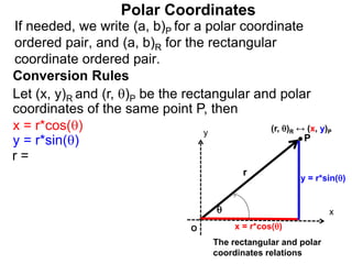 Polar Coordinates
Conversion Rules
Let (x, y)R and (r, )P be the rectangular and polar
coordinates of the same point P, then
P
x
y

r
O x = r*cos()
The rectangular and polar
coordinates relations
x = r*cos()
y = r*sin()
y = r*sin()
r =
If needed, we write (a, b)P for a polar coordinate
ordered pair, and (a, b)R for the rectangular
coordinate ordered pair.
(r, )R ↔ (x, y)P
 