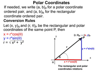 Polar Coordinates
Conversion Rules
Let (x, y)R and (r, )P be the rectangular and polar
coordinates of the same point P, then
P
x
y

r
O x = r*cos()
y = r*sin()
The rectangular and polar
coordinates relations
x = r*cos()
y = r*sin()
r = √ x2 + y2
If needed, we write (a, b)P for a polar coordinate
ordered pair, and (a, b)R for the rectangular
coordinate ordered pair.
(r, )R ↔ (x, y)P
 