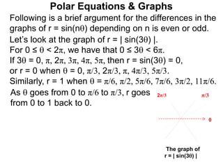 Polar Equations & Graphs
Following is a brief argument for the differences in the
graphs of r = sin(n) depending on n is even or odd.
As  goes from 0 to π/6 to π/3, r goes
from 0 to 1 back to 0.
Let’s look at the graph of r = | sin(3) |.
For 0 ≤  < 2π, we have that 0 ≤ 3 < 6π.
If 3 = 0, π, 2π, 3π, 4π, 5π, then r = sin(3) = 0,
or r = 0 when  = 0, π/3, 2π/3, π, 4π/3, 5π/3.
Similarly, r = 1 when  = π/6, π/2, 5π/6, 7π/6, 3π/2, 11π/6.
π/32π/3
The graph of
r = | sin(3) |
0
 