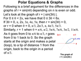 Polar Equations & Graphs
Following is a brief argument for the differences in the
graphs of r = sin(n) depending on n is even or odd.
(1, π/6)
π/3
The graph of
r = | sin(3) |
0
Let’s look at the graph of r = | sin(3) |.
For 0 ≤  < 2π, we have that 0 ≤ 3 < 6π.
If 3 = 0, π, 2π, 3π, 4π, 5π, then r = sin(3) = 0,
or r = 0 when  = 0, π/3, 2π/3, π, 4π/3, 5π/3.
Similarly, r = 1 when  = π/6, π/2, 5π/6, 7π/6, 3π/2, 11π/6.
2π/3As  goes from 0 to π/6 to π/3, r goes
from 0 to 1 back to 0. So the graph
starts at the origin and makes a petal
(loop), to a tip of distance 1 from the
origin, back to the origin in a period
of π/3.
 