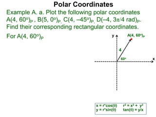 Polar Coordinates
Example A. a. Plot the following polar coordinates
A(4, 60o)P , B(5, 0o)P, C(4, –45o)P, D(–4, 3π/4 rad)P.
Find their corresponding rectangular coordinates.
x
y
60o
4
x = r*cos()
y = r*sin()
A(4, 60o)P
r2 = x2 + y2
tan() = y/x
For A(4, 60o)P
 