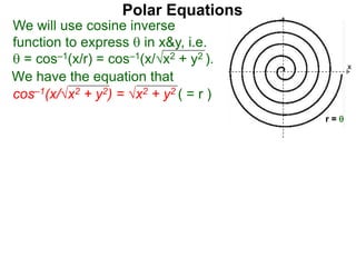 Polar Equations
We have the equation that
We will use cosine inverse
function to express  in x&y, i.e.
 = cos–1(x/r) = cos–1(x/√x2 + y2 ).
cos–1(x/√x2 + y2) = √x2 + y2 ( = r ) x
r = 
x
 