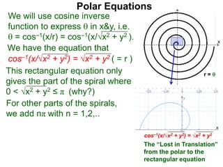 Polar Equations
We have the equation that
We will use cosine inverse
function to express  in x&y, i.e.
 = cos–1(x/r) = cos–1(x/√x2 + y2 ).
cos–1(x/√x2 + y2) = √x2 + y2 ( = r ) x
r = This rectangular equation only
gives the part of the spiral where
0 < √x2 + y2 ≤ π (why?)
For other parts of the spirals,
we add nπ with n = 1,2,..
cos–1(x/√x2 + y2) = √x2 + y2
x
x
The “Lost in Translation”
from the polar to the
rectangular equation
 