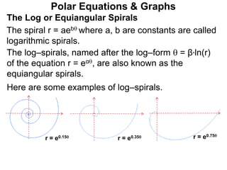 Polar Equations & Graphs
The Log or Equiangular Spirals
The spiral r = aeb where a, b are constants are called
logarithmic spirals.
r = e0.15 r = e0.75
r = e0.35
The log–spirals, named after the log–form  = β*ln(r)
of the equation r = eα, are also known as the
equiangular spirals.
Here are some examples of log–spirals.
 