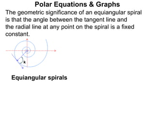 Polar Equations & Graphs
k
The geometric significance of an equiangular spiral
is that the angle between the tangent line and
the radial line at any point on the spiral is a fixed
constant.
Equiangular spirals
 
