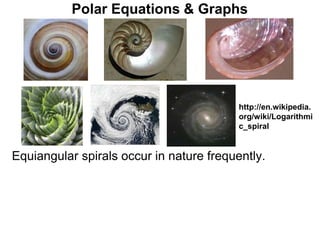 Polar Equations & Graphs
Equiangular spirals occur in nature frequently.
http://en.wikipedia.
org/wiki/Logarithmi
c_spiral
 