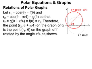 Polar Equations & Graphs
Let r1 = cos() = f() and
r2 = cos( – π/4) = g() so that
r2 = g( + π/4) = f() = r1. Therefore,
the point (r2,  + π/4) on the graph of g
is the point (r1, ) on the graph of f
rotated by the angle π/4 as shown.
x
y
r = cos()
r = cos( – π/4)
π/4
Rotations of Polar Graphs
 