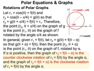 Polar Equations & Graphs
Let r1 = cos() = f() and
r2 = cos( – π/4) = g() so that
r2 = g( + π/4) = f() = r1. Therefore,
the point (r2,  + π/4) on the graph of g
is the point (r1, ) on the graph of f
rotated by the angle π/4 as shown.
x
y
r = cos()
r = cos( – π/4)
π/4
Rotations of Polar Graphs
In general, given r1 = f(), let r2 = g() = f( – α)
so that g( + α) = f(), then the point (r2,  + α)
is the point (r1, ) on the graph of f, rotated by α.
If α is positive, then the graph of r2 = f( – α) is the
counter clockwise rotation of r1 = f() by the angle α,
and the graph of r2 = f( + α) is the clockwise rotation
of r1 = f() by the angle α.
 