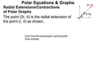 Polar Equations & Graphs
The point (2r, ) is the radial extension of
the point (r, ) as shown.
Radial Extensions/Contractions
of Polar Graphs

O
(r, )pr
(2r, )p
Over time the equiangular–spiral growth
lines emerge.
 