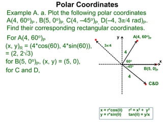 Polar Coordinates
Example A. a. Plot the following polar coordinates
A(4, 60o)P , B(5, 0o)P, C(4, –45o)P, D(–4, 3π/4 rad)P.
Find their corresponding rectangular coordinates.
x
y
60o
4
For A(4, 60o)P
x = r*cos()
y = r*sin()
(x, y)R = (4*cos(60), 4*sin(60)),
= (2, 23)
for B(5, 0o)P, (x, y) = (5, 0),
for C and D,
A(4, 60o)P
B(5, 0)P
4
r2 = x2 + y2
tan() = y/x
–45o
3π/4
C&D
 