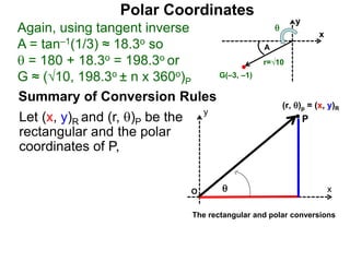Polar Coordinates
Again, using tangent inverse
A = tan–1(1/3) ≈ 18.3o so
 = 180 + 18.3o = 198.3o or
G ≈ (√10, 198.3o ± n x 360o)P
x
y
G(–3, –1)
r=√10
A

Let (x, y)R and (r, )P be the
rectangular and the polar
coordinates of P,
P
x
y
O
The rectangular and polar conversions
(r, )p = (x, y)R
Summary of Conversion Rules
 