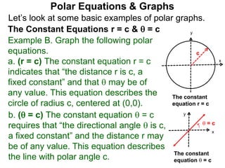 Let’s look at some basic examples of polar graphs.
Polar Equations & Graphs
The Constant Equations r = c &  = c
Example B. Graph the following polar
equations.
a. (r = c) The constant equation r = c
indicates that “the distance r is c, a
fixed constant” and that  may be of
any value. This equation describes the
circle of radius c, centered at (0,0).
x
y
c
The constant
equation r = c
b. ( = c) The constant equation  = c
requires that “the directional angle  is c,
a fixed constant” and the distance r may
be of any value. This equation describes
the line with polar angle c.
x
y
The constant
equation  = c
 = c
 